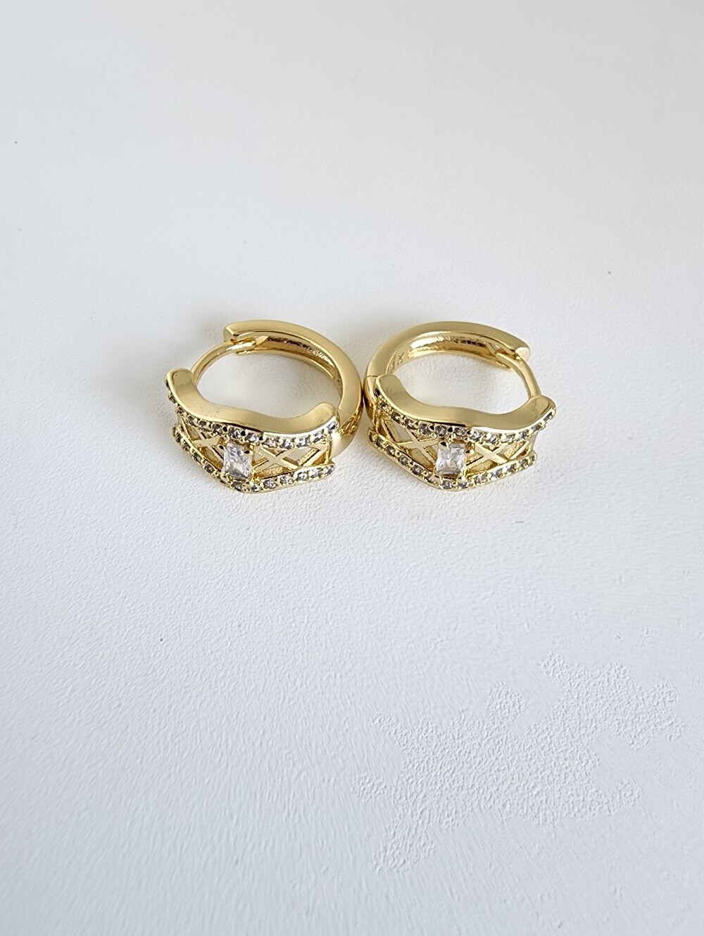 Gold Plated Mini Hoop Earrings CZ Baguette Crystal Lattice Huggies - Picture 3 of 5